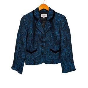Studio I Blazer Womens 8P Teal Paisley Jacquard Velvet Trim Metallic Jacket
